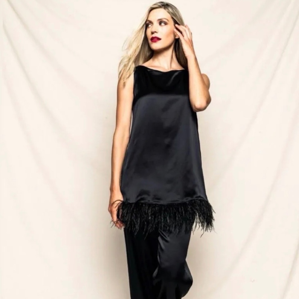 Black Satin Feather-Trim Sleep Cami by